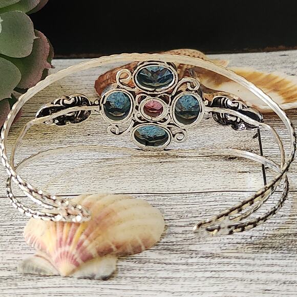 Wide Cuff Bracelet, Sky & Sunset Hues, Sterling Silver Cuff with Crystals 💖 - Picture 8 of 10